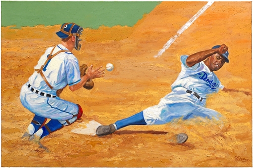 Large Jackie Robinson "Stealing Home" Original Painting by Dick Perez